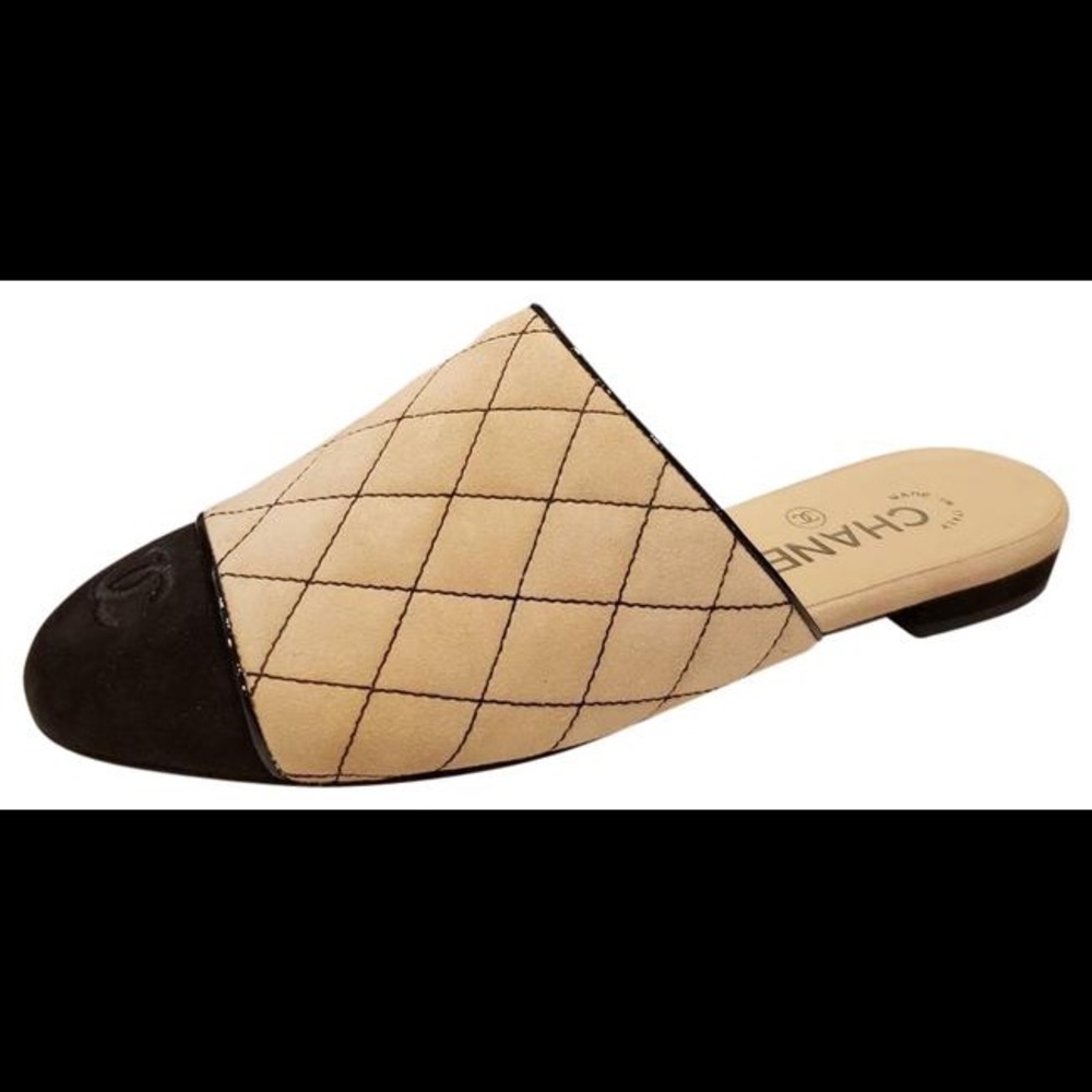 Chanel Suede Quilted Mules, Beige with Black Cap Toe (authentic)